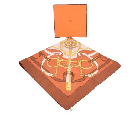 Henri d'Origny for Hermes - an Eperon (Forever) 100% silk scarf, in yellow and tan autumn colours, boxed.