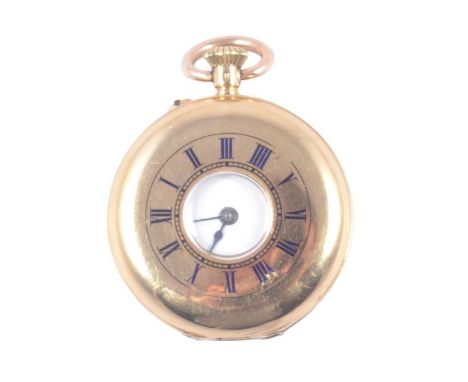 A yellow metal small half hunter fob / pocket watch, the white enamel dial with roman numeral chapter ring in a yellow metal 