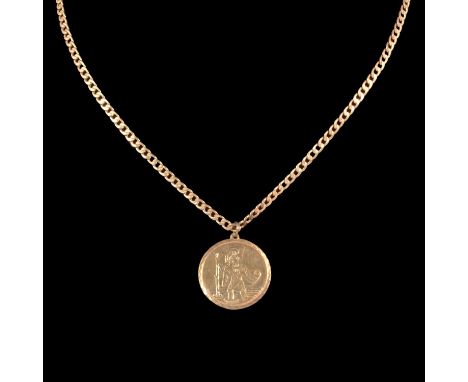 A 9 carat yellow gold St Christopher and chain, the 20mm disc on a 3mm gauge flat curb link chain 45cm long, 6g.