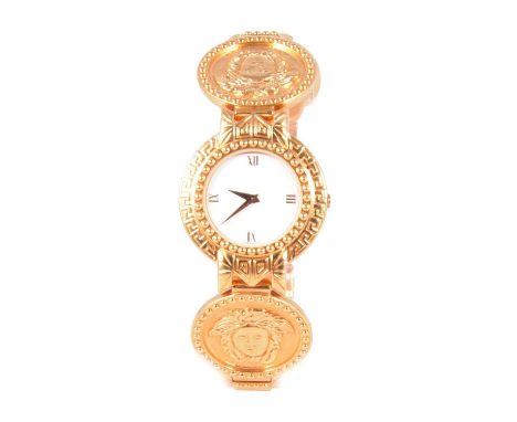 Gianni Versace - a lady's Medusa Coin gold-plated quartz bracelet wristwatch, 18mm circular white dial with gold-coloured rom