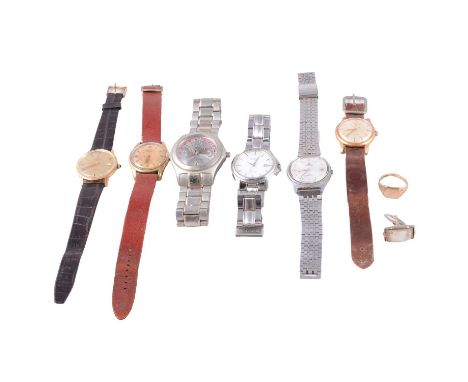 A small collection of gentlemen's wristwatches, gold ring, nugget pendant, chain and cufflink, Longines - a gentleman's gold-