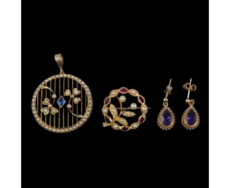 A gemstone and seed pearl floral brooch, pendant brooch and amethyst earrings, a red gemstone and seed pearl openwork floral 