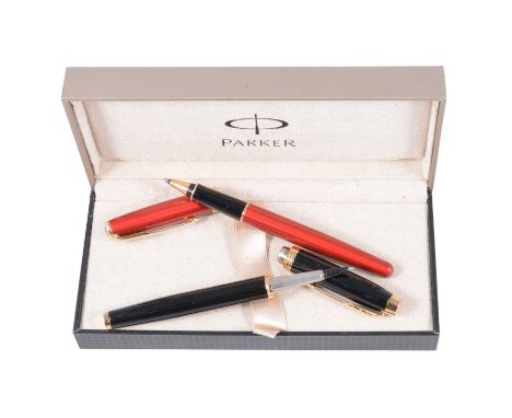 Parker - two Rollerball Pens, Parker - a Sonnet Rollerball Pen, red barrel and cap, gold-coloured band marked Parker Sonnet; 