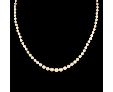A cultured pearl necklace, ninety-one pearls graduating from 3.5mm to 7.7mm, strung into a single row 45cm long, with a 9 car