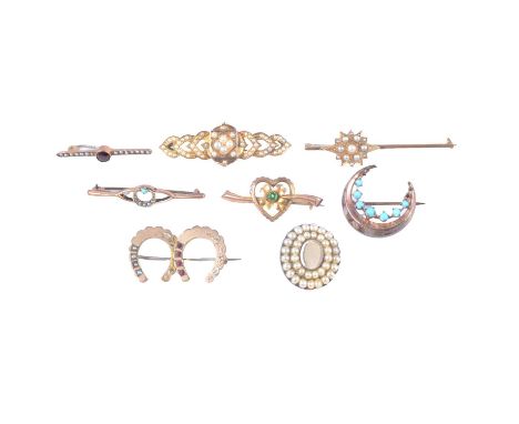Eight Victorian and later brooches, pearl and turquoise set bar brooches; an oval two row cluster with glass centre, closed b