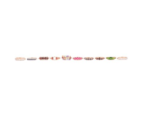 Ten 9 carat yellow gold gemset rings, garnet, sapphire, opal and others, an antique-style garnet ring, the five oval mixed cu