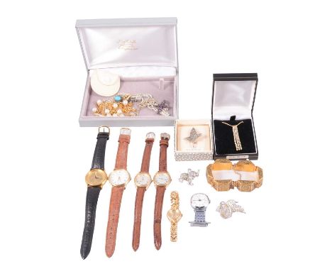 A collection of mostly costume jewellery necklaces, bracelets, brooches and wristwatches, an amethyst and marcasite set cross