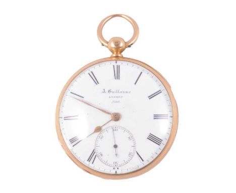 A Guillaume London - an 18 carat yellow gold open face repeating pocket watch, the white enamel dial with Roman numeral chapt