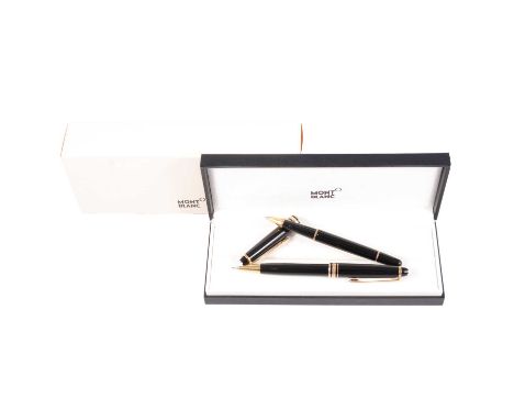 Mont Blanc - a Meisterstuck Rollerball Pen and Pencil, black barrels and caps, gold-plated bands marked Mont Blanc Meisterstu