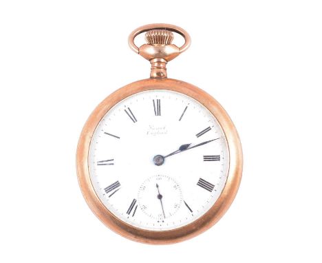 Lancashire Watch Co Ltd - a gold-plated open face pocket watch, white enamel dial with roman numeral chapter ring, subsidiary