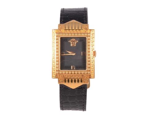 Gianni Versace - a Medusa gold-plated quartz wristwatch, 21x17mm rectangular part textured black dial with gold-coloured roma