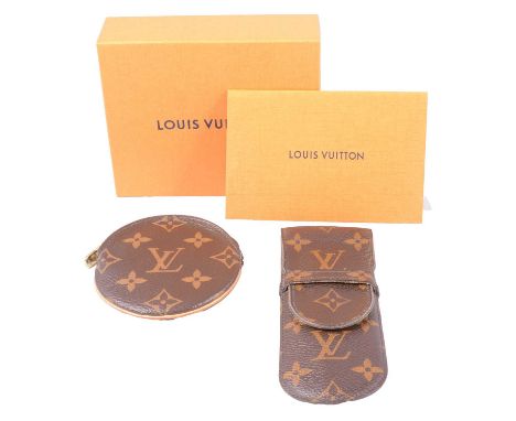 Louis Vuitton - a coin purse and pen/etui case, the 9.5cm circular coin purse M6 1926 with box and dust bag, copy of original