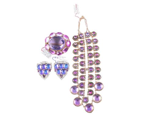 A watermelon tourmaline paste necklet, saphiret effect fur clips, large amethyst paste brooch, a watermelon tourmaline paste 