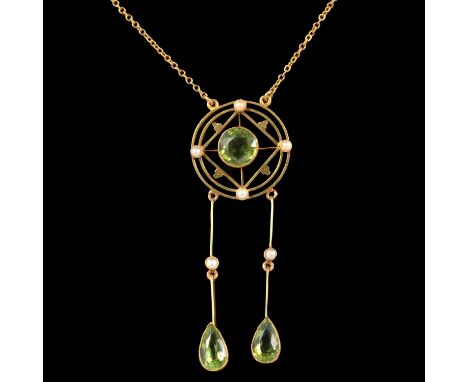 A peridot and seed pearl pendant and chain, the circular mixed cut peridot collet set to the centre of a circular yellow meta