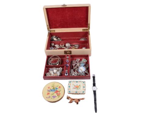 Jewel box with silver and white metal jewellery, powder compacts, wristwatches, two silver curb link charm bracelets with cha