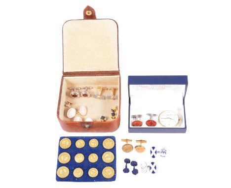 A collection of cufflinks and buttons and a yellow metal wristwatch, a pair of silver and enamel cufflinks, Scottish saltire 