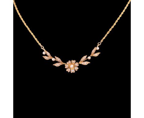A seed pearl floral and foliate motif necklace, the seed pearls set in a 55mm articulated floral and foliate motif on a yello