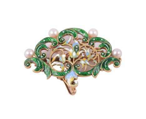 An enamel and seed pearl yellow metal brooch, the central openwork floral design in green, blue, yellow and white enamel with
