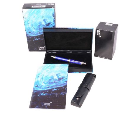Mont Blanc - a Limited Edition Jules Verne Fountain Pen, bottle of ink and pen wallet, the barrel and cap with blue guilloche
