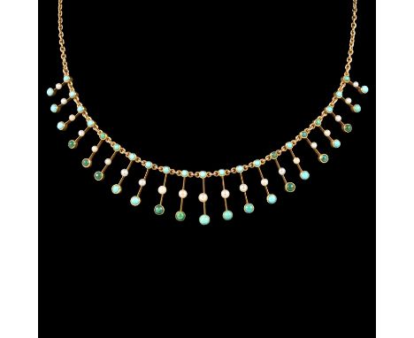 A turquoise and seed pearl fringe necklace, twenty-one unmarked yellow metal fringes set with a total of forty-two turquoise 