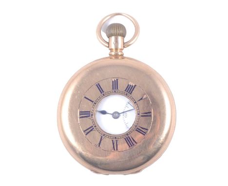 A 9 carat yellow gold half hunter pocket watch, the white enamel dial with roman numeral chapter ring and subsidiary seconds 