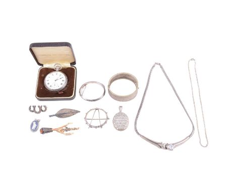 Silver and white metal chains, earclips, brooches, bangle and pocket watch, a silver single Albert watch chain, fitted with T
