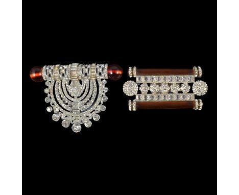 A 1930's Czechoslovakian Odeon style brooch and oversize dress clip, a 1930's Czechoslovakian Odeon style brooch, the faceted