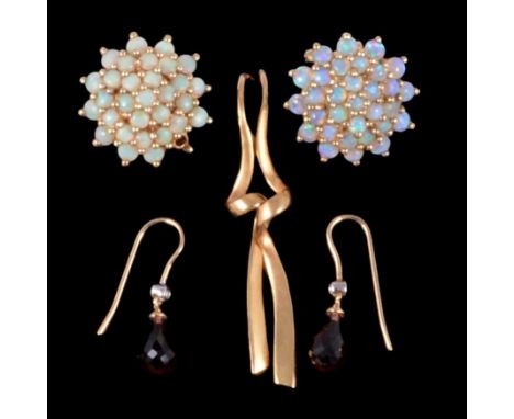 Three pairs of earrings for pierced ears, gold, garnet and diamond, opal, a pair of 9 carat yellow gold twisted bar earrings;