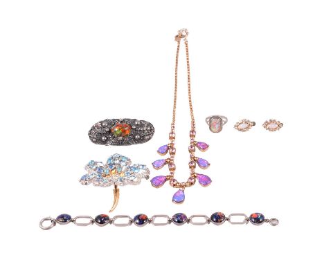 Vintage faux opal and foil bead jewellery, T L M (T L Mott) Sterling bracelet set with six circular faux opals: three rings -