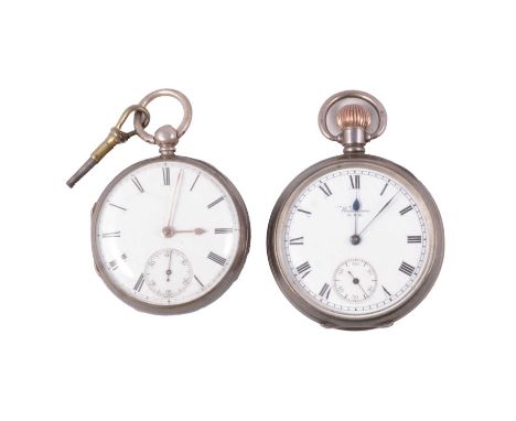 Two silver open face pocket watches, Waltham - a silver open face pocket watch, the white enamel dial with roman numeral chap