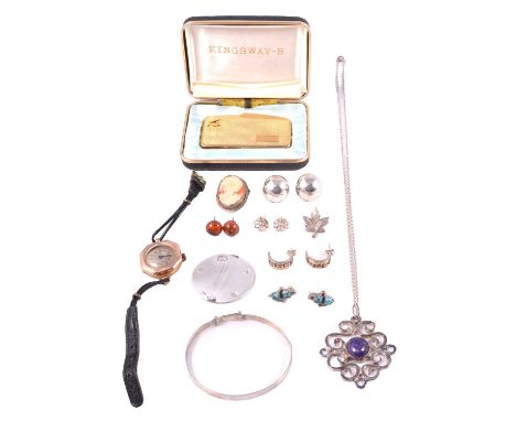 A vintage lady's gold wristwatch, silver and white metal jewellery, and a lighter, a lady's vintage manual wind wristwatch, 1