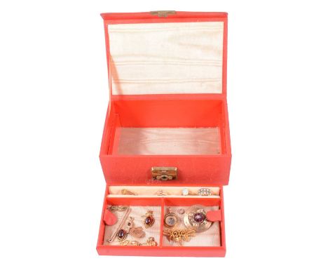 A jewel box with gold and yellow metal Victorian and later jewellery, four gemset rings in small sizes G-J - an oval cabochon