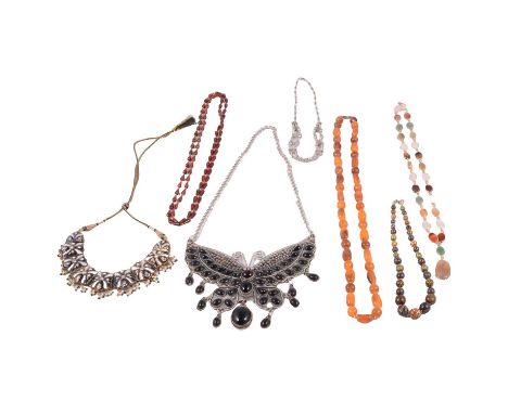 A collection of white metal and costume jewellery, four white metal snakelink chains, lobster claw fasteners, all marked 925,