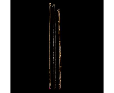A ruby pendant and three gold / yellow metal chains, a ruby pendant and chain, the circular mixed cut ruby claw set in a yell