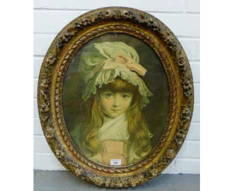After Millais 'Pears' coloured print of a Young Girl in an oval glazed ornate giltwood frame, 36 x 45cm 