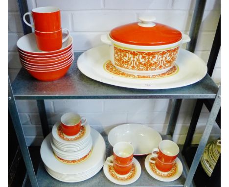 Retro Royal Doulton orange and white glazed dinner service and tea set 