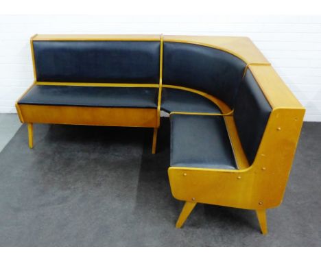 Retro light wood corner suite with black vinyl upholstered seats, 84cm high x 180cm long x 134cm