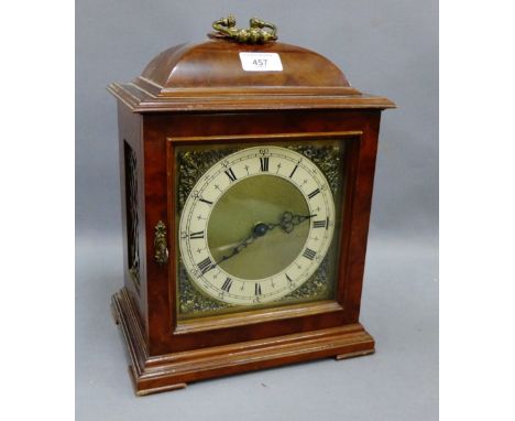 Mahogany cased bracket clock, with brass dial, silvered chapter ring and Roman numerals, 37cm high including handle 