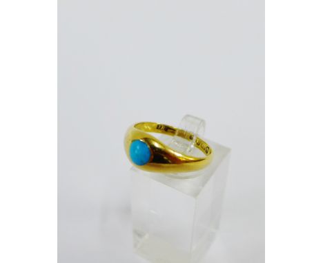 18 carat gold ring with a turquoise cabouchon, the inner band with a full set of Birmingham hallmarks for 1909