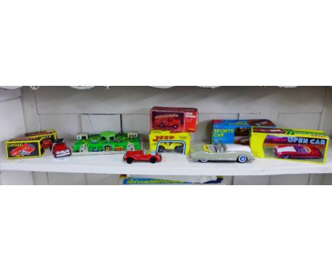 Collection of 1970's and later tin plate cars and vehicles to include a Chinese boxed Sports Car, a Chinese green and white o