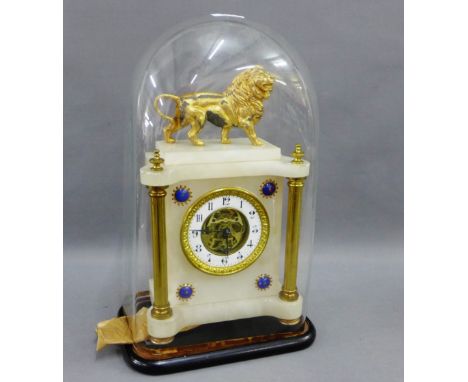 White marble and gilt metal mounted mantle clock, surmounted by a lion over an enamel chapter ring with Arabic numerals with 
