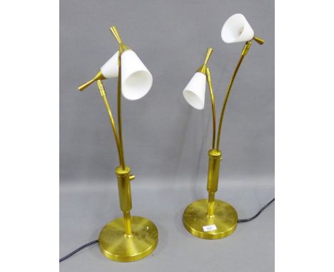 Two contemporary brass twin light table lamps with opaque glass shades, (2) 