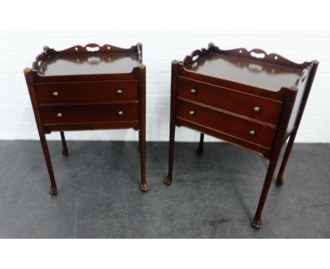 And So To Bed pair of mahogany bedside cabinets, with three quarter gallery tops over two frieze drawers, on cabriole legs an