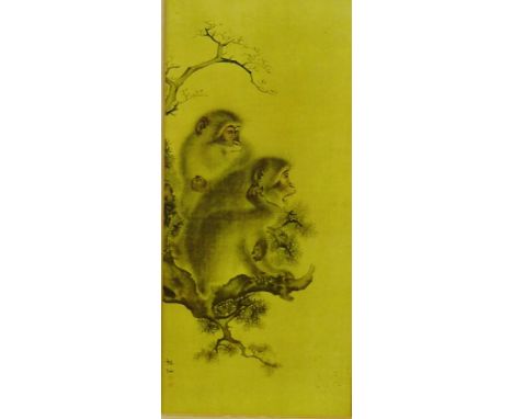 Japanese print of Monkey in a Tree, in a mount but unframed, 14.5 x 31.5cm 