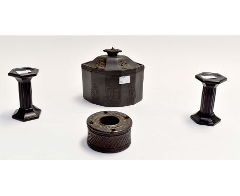 Black Jasper Ware caddy/tobacco pot, two stands and an ink well