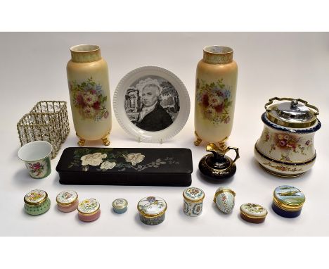 A quantity of 20th Century boxes and covers - modern Bilston, a pair of Staffordshire vases etc including Carltonware 19th Ce