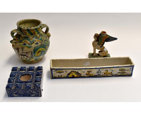 A collection of 19th Century items to include; Italian pottery vase, dish, inkwell and candle holder AF