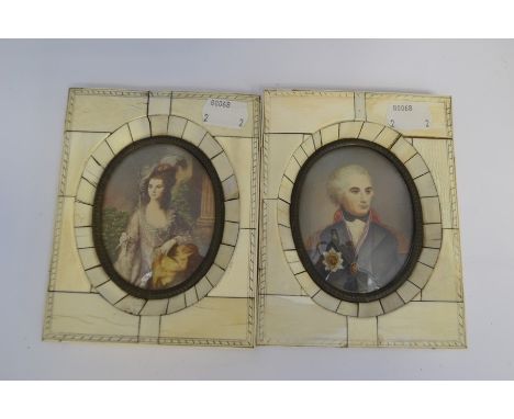 A pair of oval portrait miniatures, Lord Nelson and Lady Hamilton, ivory frames, one dated 1945, 8 by 6.5cm (2)