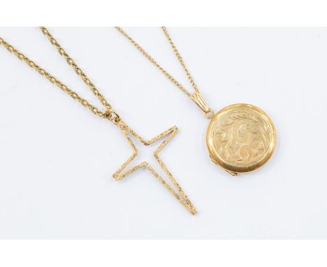 A 9ct gold round locket on a fine&nbsp; yellow metal link chain, along with a unmarked yellow metal cross and chain, combined