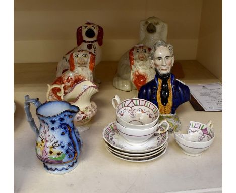 Staffordshire spaniels x 4; a figure of Lincoln, two jugs and cups and saucers (Q)